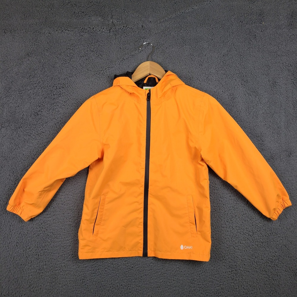 Oaki Boys Orange Hooded Rain Jacket Size 6/7 Full Zip Lightweight Windbreaker
